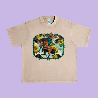Western Rodeo Horse Cowhide Sunflowers Urban Heavy Tee Designed By Barkaloodesign