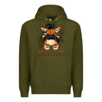 Army Green Hair stylist messy bun Premium Hoodie - BarkalooDesign