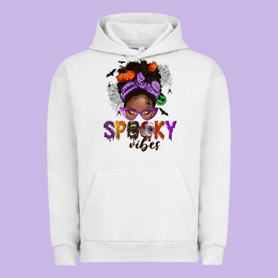 Spooky Vibes Afro Messy Bun Urban Hoodie Designed By Nancycooperartshop