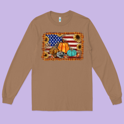 American Flag Fall Backgraund Long Sleeve Tee Designed By Jahusdesignshop