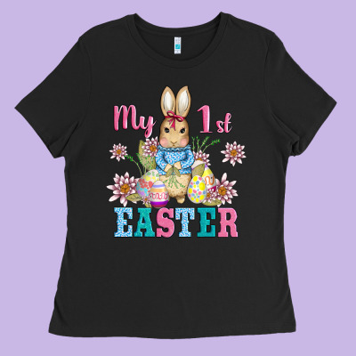 My First Easter With Baby Bunny And Eggs Ladies Tee Designed By Adodesignshop
