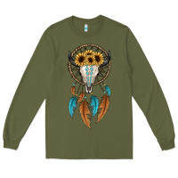 Army Green dreamer catcher bull skull Long Sleeve Tee - JahusDesignShop