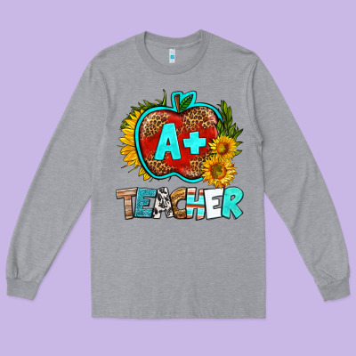 A+ Teacher Apple Long Sleeve Tee Designed By Bundleandbundleshop