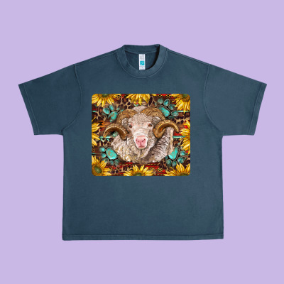 Merino Ram With Sunflowers And Gemstone Mousepad Urban Heavy Tee Designed By Barkaloodesign
