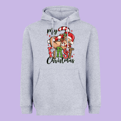 My First Christmas Cute Christmas Sloth Heavyweight Hoodie Designed By Maliassmallbusiness