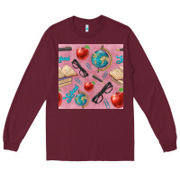 Burgundy Teacher Seamless Pattern Long Sleeve Tee - BundleAndBundleShop