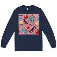 Navy Teacher Seamless Pattern Long Sleeve Tee - BundleAndBundleShop
