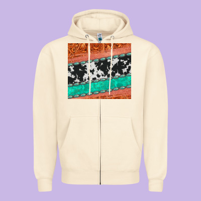 Western Turquoise Gemstone Cowhide  Leather Tumbler Zipper Hoodie Designed By Jasminsmagicworld