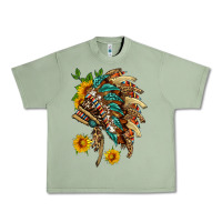 Oil Green indian headdress with pattern and sunflowers Urban Heavy Tee - HRA Design Shop