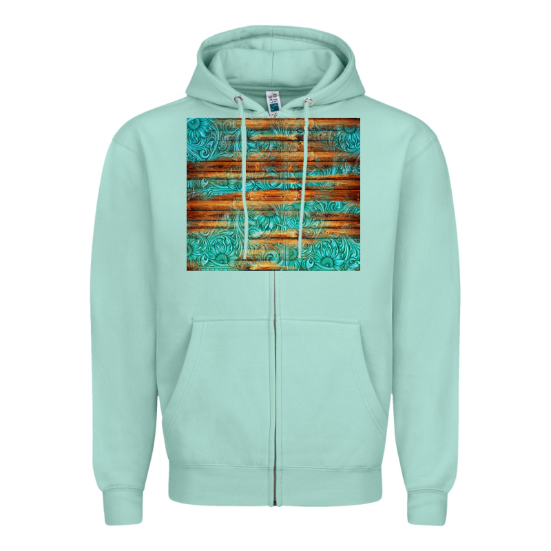 Turquoise  Leather And Wooden Pattern Tumbler Zipper Hoodie by Jasminsmagicworld | Teevron