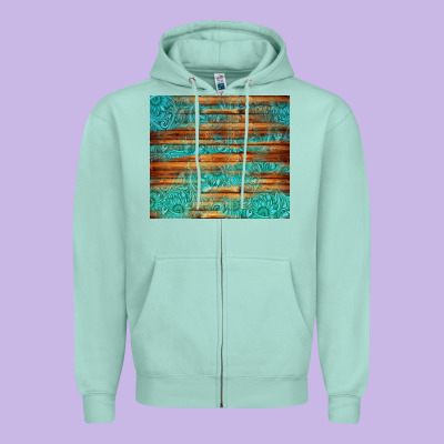Turquoise  Leather And Wooden Pattern Tumbler Zipper Hoodie Designed By Jasminsmagicworld