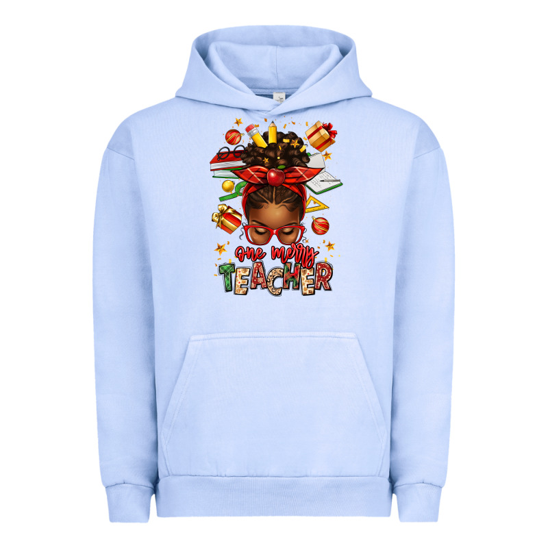 One Merry Teacher Afro Messy Bun Urban Hoodie by texasbilliewilder | Teevron