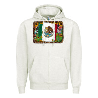 Oatmeal Heather mexican flag background with cactus and sunflower Zipper Hoodie - Jasminsmagicworld