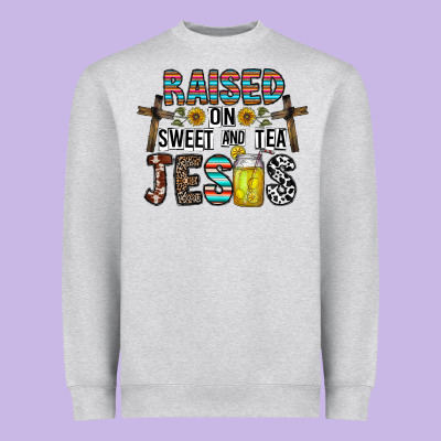 Raised On Sweet And Tea Jesus Heavyweight Sweatshirt Designed By Cowhidedigitalart