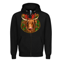 Black christmas highland cow mistletoe Christmas Zipper Hoodie - Jasminsmagicworld