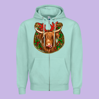 Christmas Highland Cow Mistletoe Christmas Zipper Hoodie Designed By Jasminsmagicworld
