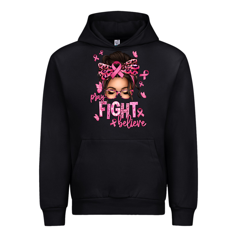 Pray Fight Believe Breast Cancer Afro Messy Bun Urban Hoodie by texasbilliewilder | Teevron