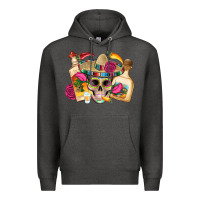 Charcoal Heather mexican skull sombrero tequila bottle paper roses Premium Hoodie - Artiststas
