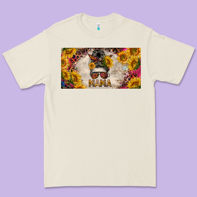 Mess Bun Mama With Sunflowers And Colorful Leopard License Plate Premium Tee Designed By Barkaloodesign