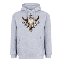 Heather Grey bull skull with aztec Heavyweight Hoodie - MaliasSmallBusiness