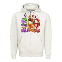 Oatmeal Heather Happy Hallothanksmas coffee cups Zipper Hoodie - NancyCooperArtShop