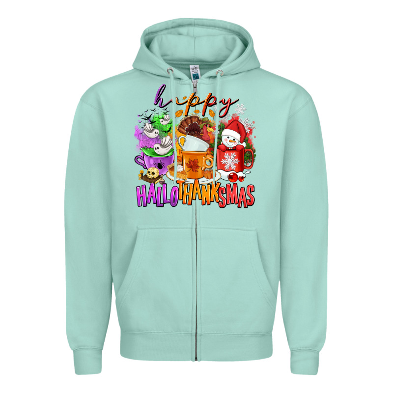 Happy Hallothanksmas Coffee Cups Zipper Hoodie by NancyCooperArtShop | Teevron