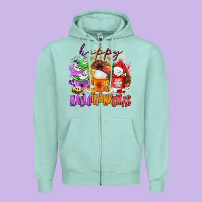 Happy Hallothanksmas Coffee Cups Zipper Hoodie Designed By Nancycooperartshop