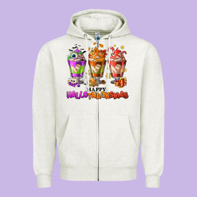 Happy Hallothanksmas Coffee Cups Zipper Hoodie Designed By Nancycooperartshop