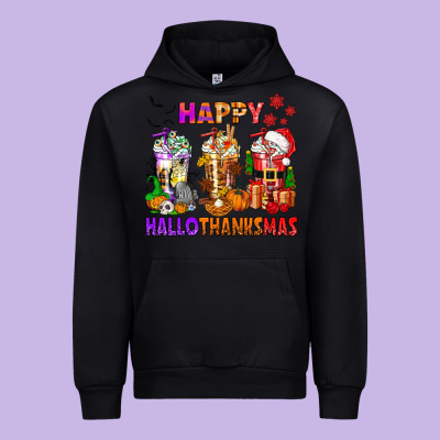 Happy Hallothanksmas Coffee Cups Urban Hoodie Designed By Texasbilliewilder