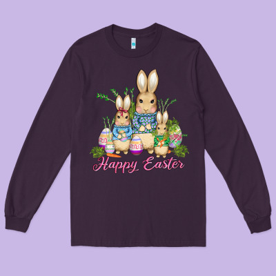 Easter Bunny Family Wıth Carrots And Eggs Long Sleeve Tee Designed By Adodesignshop