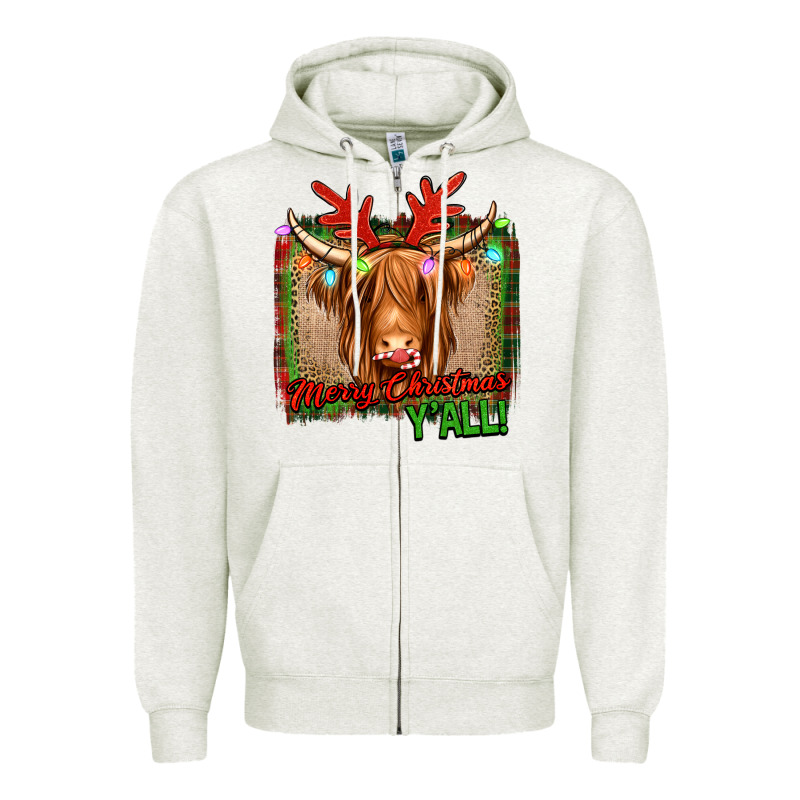 Merry Christmas Y'all Highland Cow Zipper Hoodie by Jasminsmagicworld | Teevron