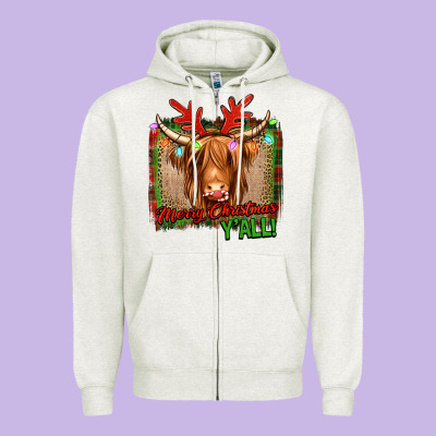Merry Christmas Y'all Highland Cow Zipper Hoodie Designed By Jasminsmagicworld