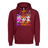 Burgundy Happy Hallothanksmas unicorns Zipper Hoodie - NancyCooperArtShop