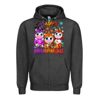 Charcoal Heather Happy Hallothanksmas unicorns Zipper Hoodie - NancyCooperArtShop