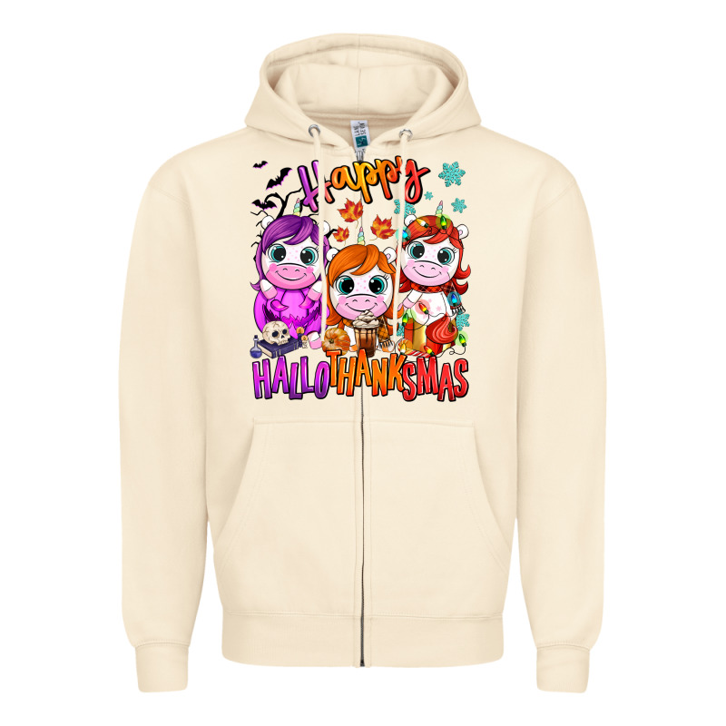 Happy Hallothanksmas Unicorns Zipper Hoodie by NancyCooperArtShop | Teevron