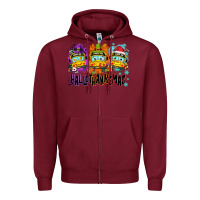 Burgundy Happy Hallothanksmas school bus Zipper Hoodie - NancyCooperArtShop