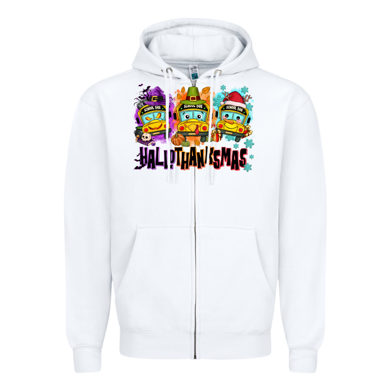 Happy Hallothanksmas School Bus Zipper Hoodie by NancyCooperArtShop | Teevron
