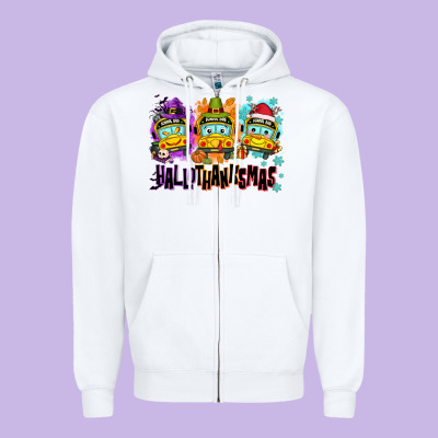 Happy Hallothanksmas School Bus Zipper Hoodie Designed By Nancycooperartshop