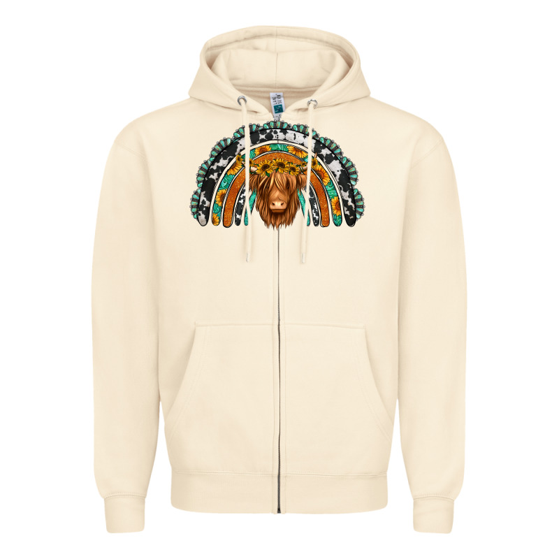 Turquoise Cowhide Sunflower Headband Highland Cow Zipper Hoodie by Jasminsmagicworld | Teevron