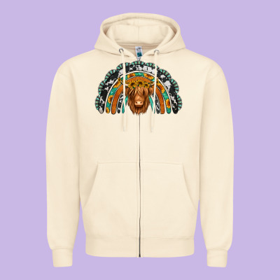 Turquoise Cowhide Sunflower Headband Highland Cow Zipper Hoodie Designed By Jasminsmagicworld