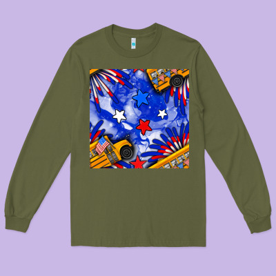 4th Of July School Bus Seamless Pattern Long Sleeve Tee Designed By Bundleandbundleshop