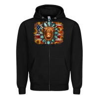 Black american flag sunflowers highland cow turquoise background Zipper Hoodie - Jasminsmagicworld