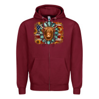 Burgundy american flag sunflowers highland cow turquoise background Zipper Hoodie - Jasminsmagicworld