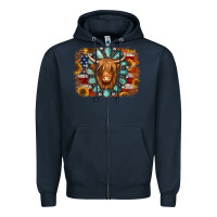 Navy american flag sunflowers highland cow turquoise background Zipper Hoodie - Jasminsmagicworld