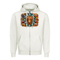Oatmeal Heather american flag sunflowers highland cow turquoise background Zipper Hoodie - Jasminsmagicworld
