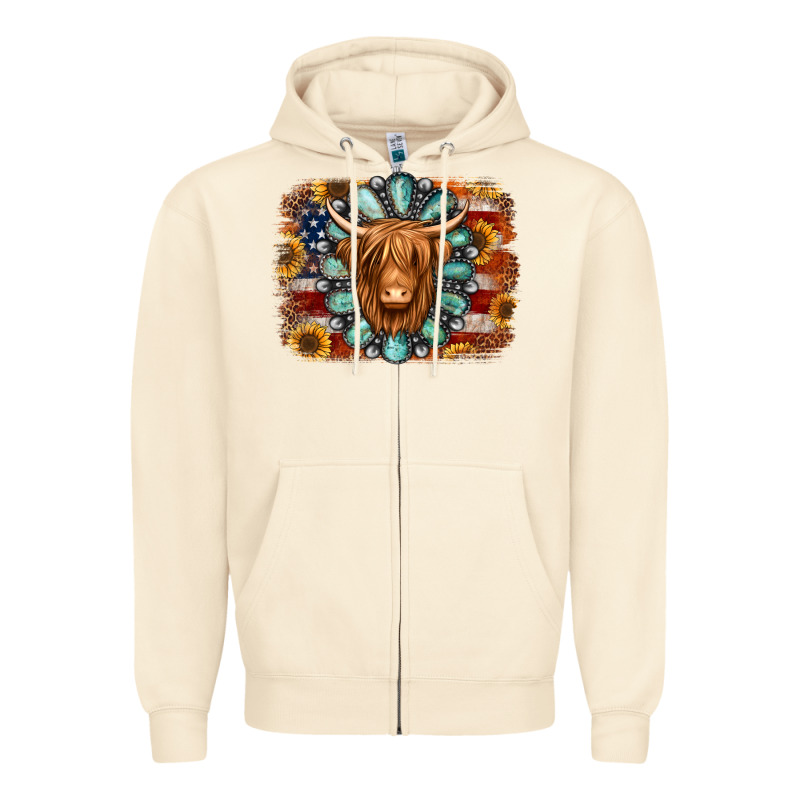 American Flag Sunflowers Highland Cow Turquoise Background Zipper Hoodie by Jasminsmagicworld | Teevron