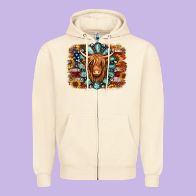 American Flag Sunflowers Highland Cow Turquoise Background Zipper Hoodie Designed By Jasminsmagicworld