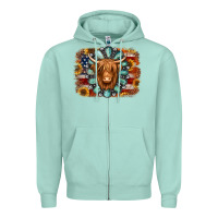 Seafoam american flag sunflowers highland cow turquoise background Zipper Hoodie - Jasminsmagicworld