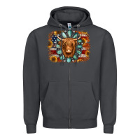 Smoke american flag sunflowers highland cow turquoise background Zipper Hoodie - Jasminsmagicworld