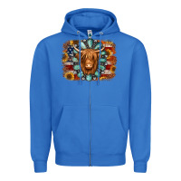 True Royal american flag sunflowers highland cow turquoise background Zipper Hoodie - Jasminsmagicworld